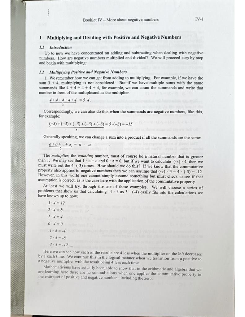 Mathematics Booklet IV ( More About Negative Numbers)